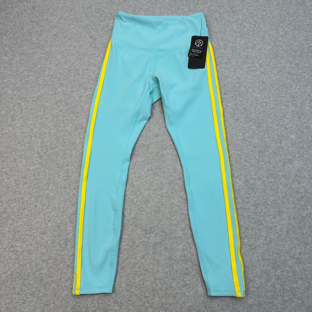 Move Theology Two Stripe Leggings WMNS S Teal Yellow Deluxe Rib Pull On Stretchy